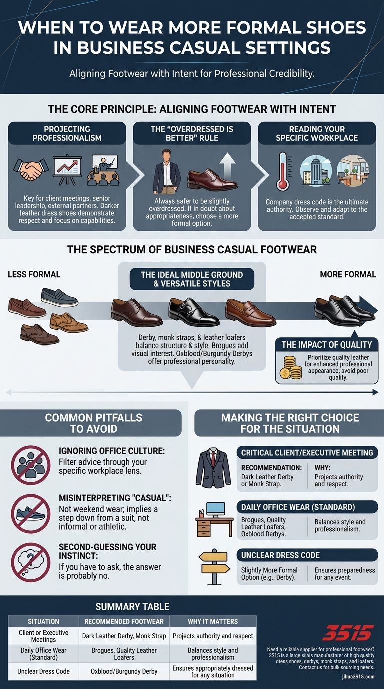 Quando se deve usar sapatos mais formais em ambientes de negócios casuais? Um guia para calçado profissional estratégico Guia Visual