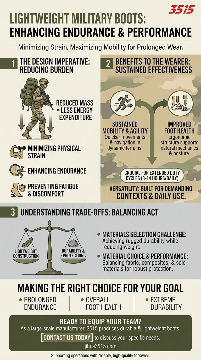 Why are military boots considered lightweight, and how does this benefit the wearer? Enhance Your Endurance & Mobility Visual Guide