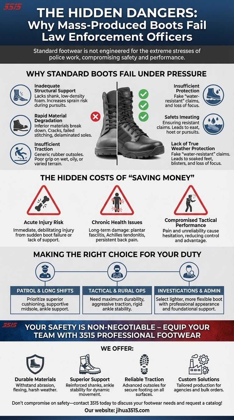 لماذا يجب على ضباط إنفاذ القانون تجنب الأحذية المنتجة بكميات كبيرة ذات المواد الرديئة؟ حافظ على سلامتك مع أحذية احترافية دليل مرئي