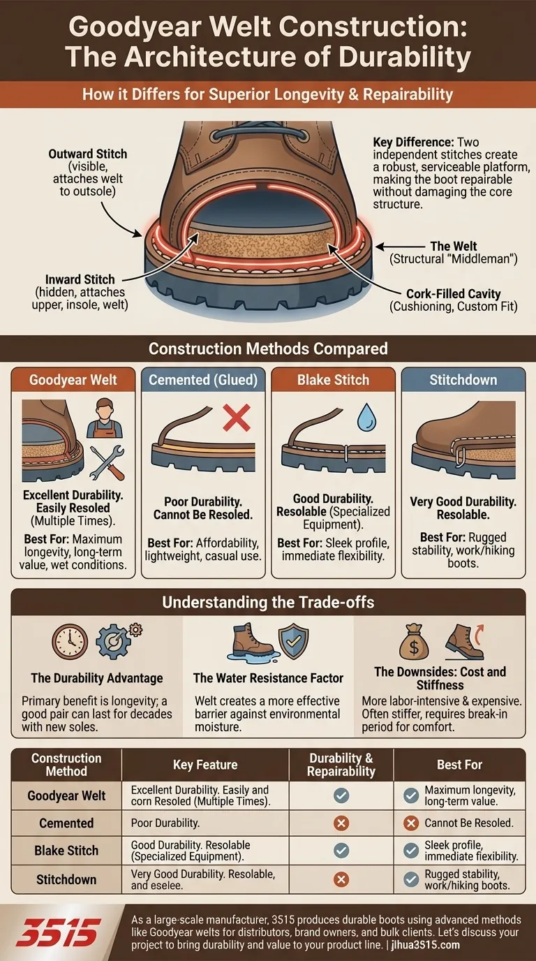 En quoi la construction Goodyear welt diffère-t-elle des autres méthodes de construction de bottes ? Un guide sur la durabilité et la réparabilité Guide Visuel