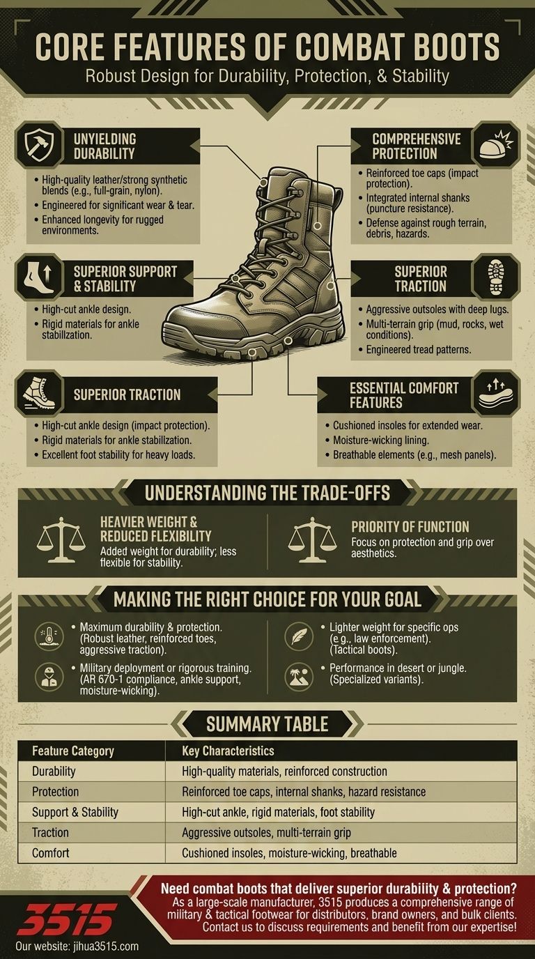 전투화는 일반적으로 어떤 특징을 가지고 있습니까? 최대 내구성과 보호를 위해 제작됨 시각적 가이드