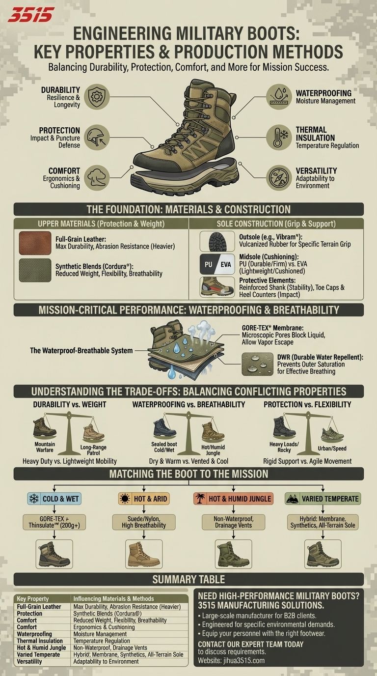 Quelles sont les propriétés clés influencées par les matériaux et les méthodes de production des bottes militaires ? Guide Visuel