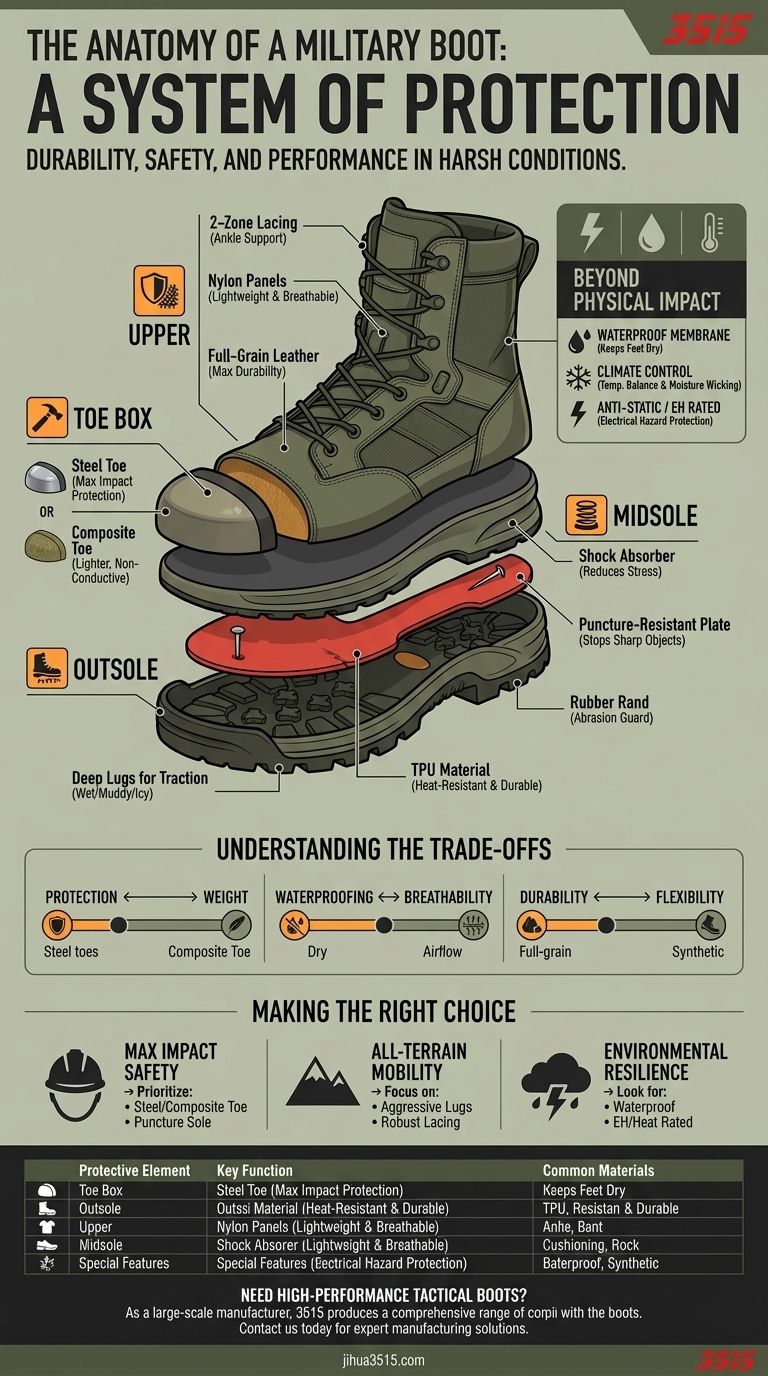 ما هي العناصر الواقية الموجودة في الأحذية العسكرية؟ مصممة للمتانة والسلامة في الظروف القاسية دليل مرئي