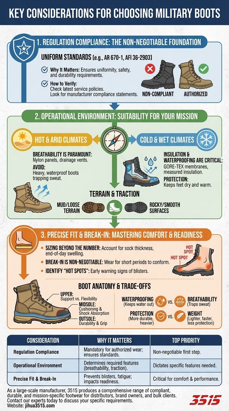 Quels sont les principaux éléments à prendre en compte lors du choix de bottes militaires ? Prioriser la conformité, l'environnement et l'ajustement Guide Visuel
