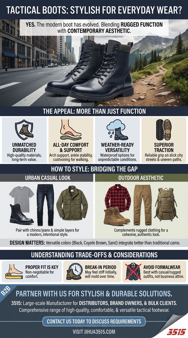 タクティカルブーツは普段使いでおしゃれに見せることができますか？はい、適切なスタイリングと機能性があれば可能です。 ビジュアルガイド