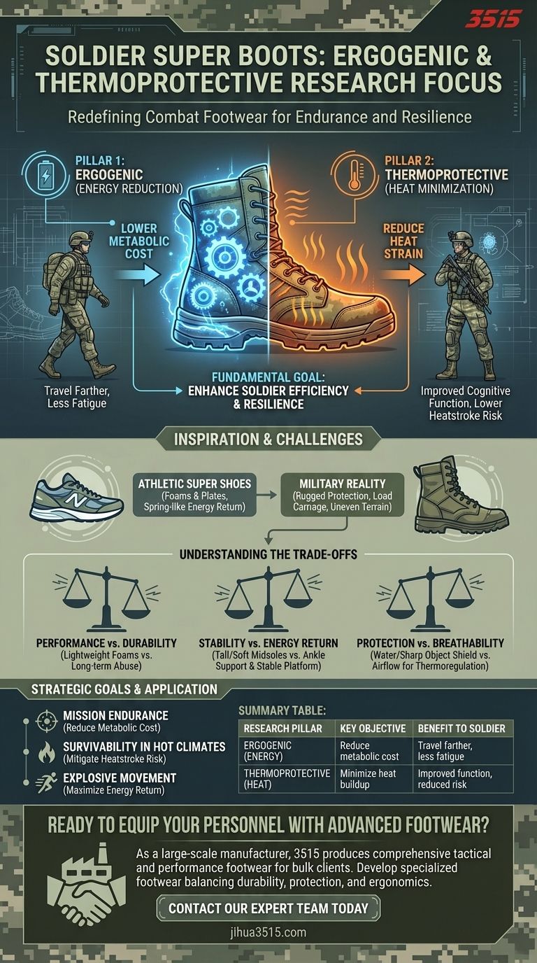What is the main focus of the research on 'super boots' for soldiers? Enhancing Soldier Performance & Safety Visual Guide