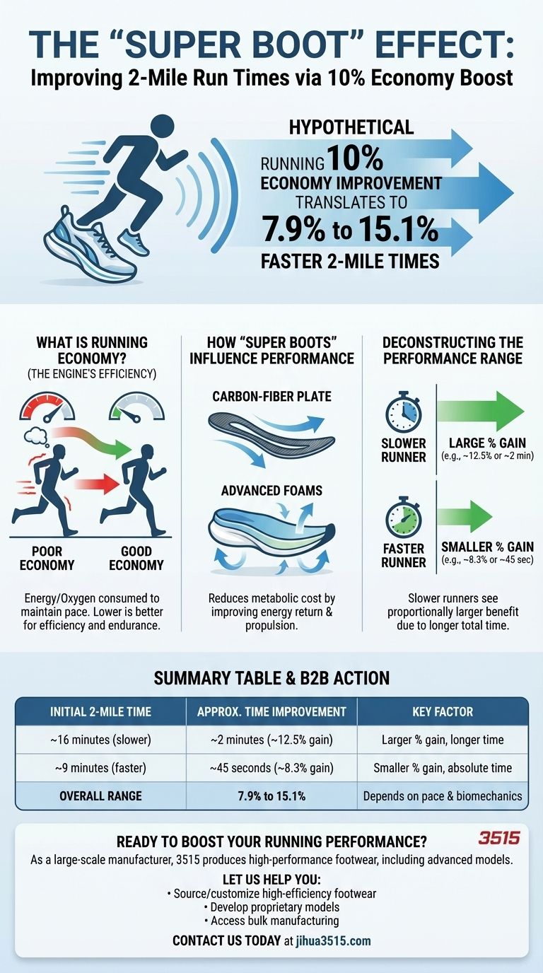 Quelle amélioration du temps de course sur 2 miles pourrait être attendue avec une amélioration de 10 % de l'économie de course grâce aux super chaussures ? Obtenir une amélioration de temps de 7,9 % à 15,1 % Guide Visuel