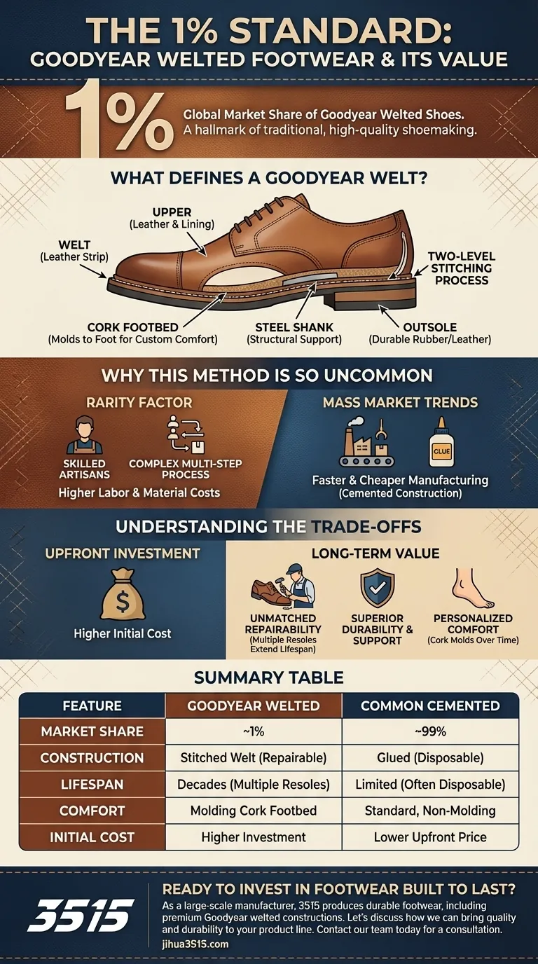 Quel pourcentage de chaussures utilise aujourd'hui des semelles Goodyear Welted ? Découvrez la marque de qualité à 1 % Guide Visuel
