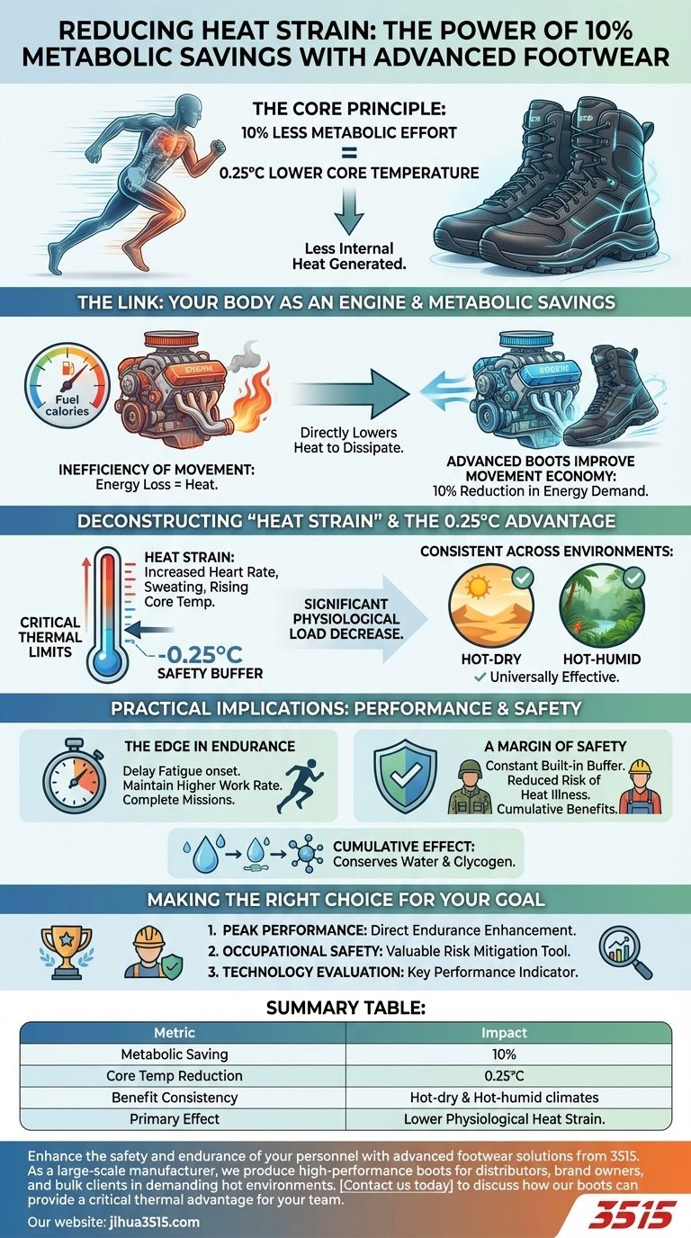 Quale riduzione dello sforzo da calore si potrebbe ottenere con un risparmio metabolico del 10% derivante da stivali avanzati? Guida Visiva