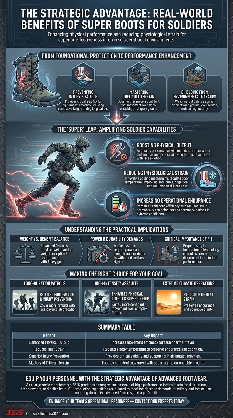 What are the potential real-world benefits of super boots for soldiers? Boost Endurance & Performance in the Field Visual Guide