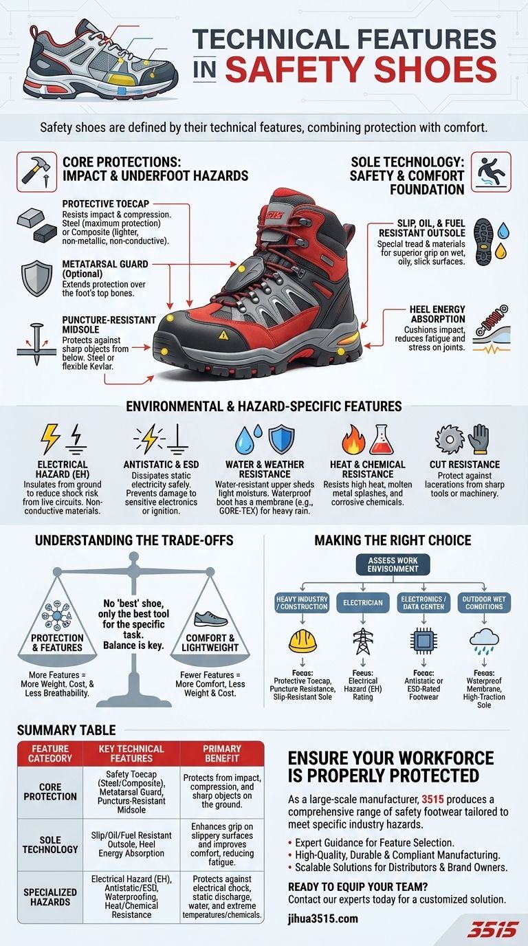 안전화에 제공되는 기술적 특징은 무엇인가요? 작업장 발 보호 가이드 시각적 가이드