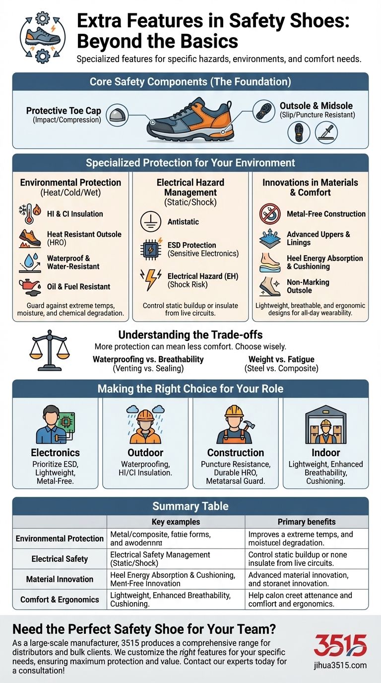 안전화에서 찾을 수 있는 추가 기능은 무엇인가요? 기본 강철 발가락 보호를 넘어서 시각적 가이드