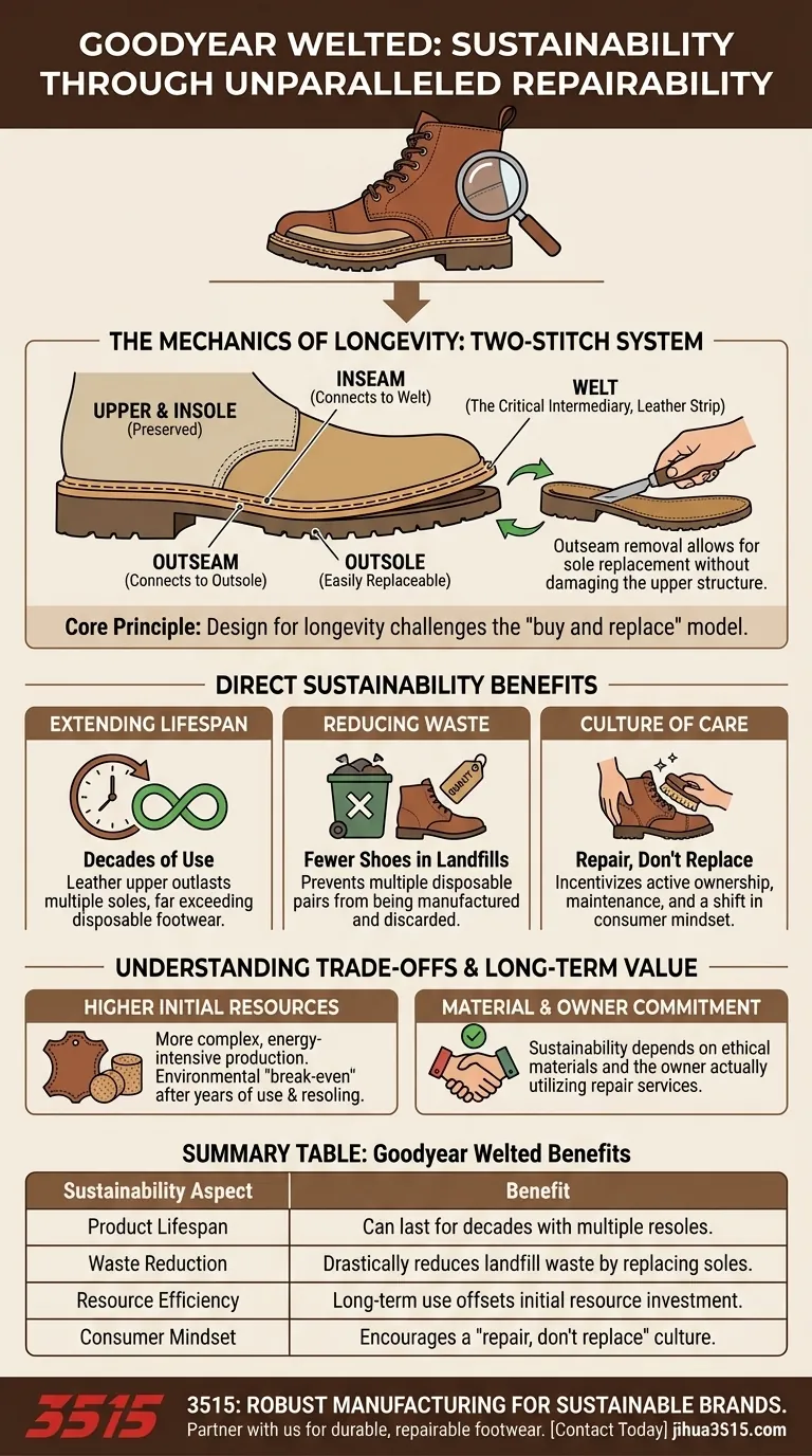 How does Goodyear Welted construction contribute to sustainability? Unlock Decades of Wear with Repairable Design Visual Guide