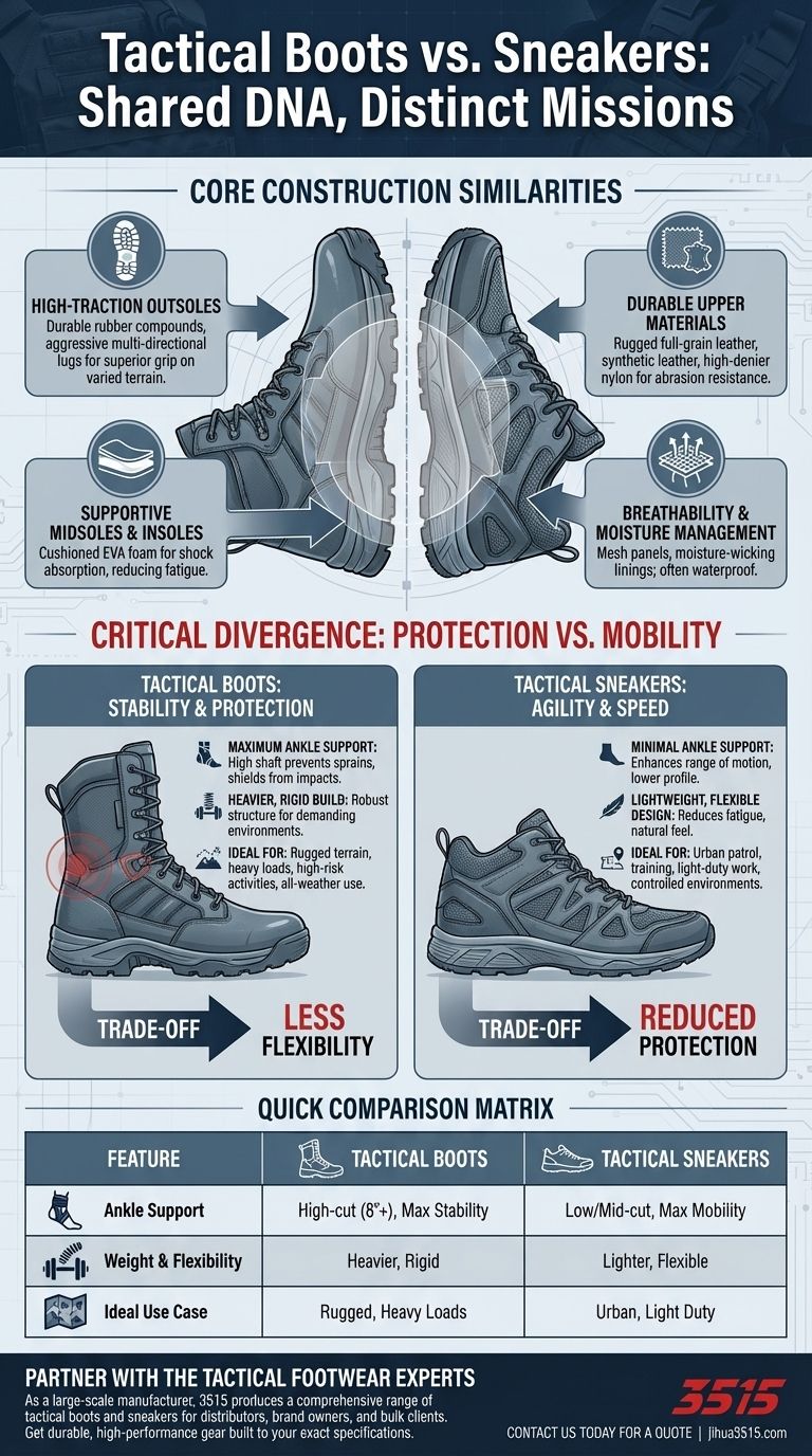 Quali sono le principali somiglianze costruttive tra stivali tattici e scarpe da ginnastica tattiche? Costruiti per prestazioni e durata Guida Visiva