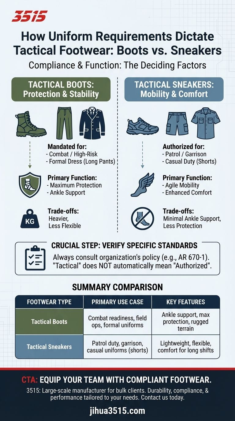 Comment les exigences uniformes influencent-elles le choix entre bottes tactiques et baskets ? Choisissez des chaussures conformes à votre rôle Guide Visuel