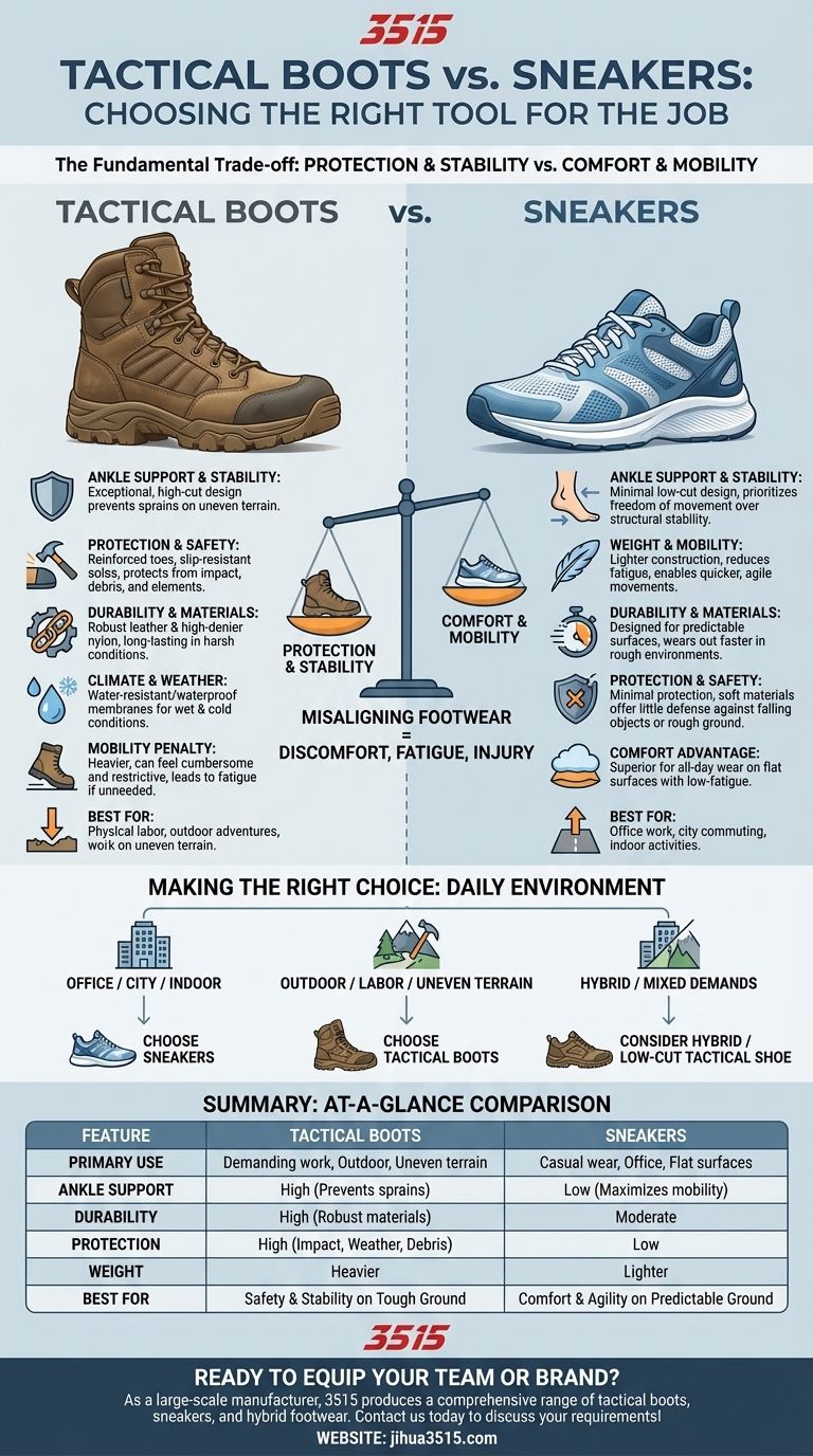 日常的な活動において、タクティカルブーツとスニーカーのどちらを選ぶべきか、どのような要素を考慮すべきですか？あなたにぴったりの一足を見つけましょう。 ビジュアルガイド