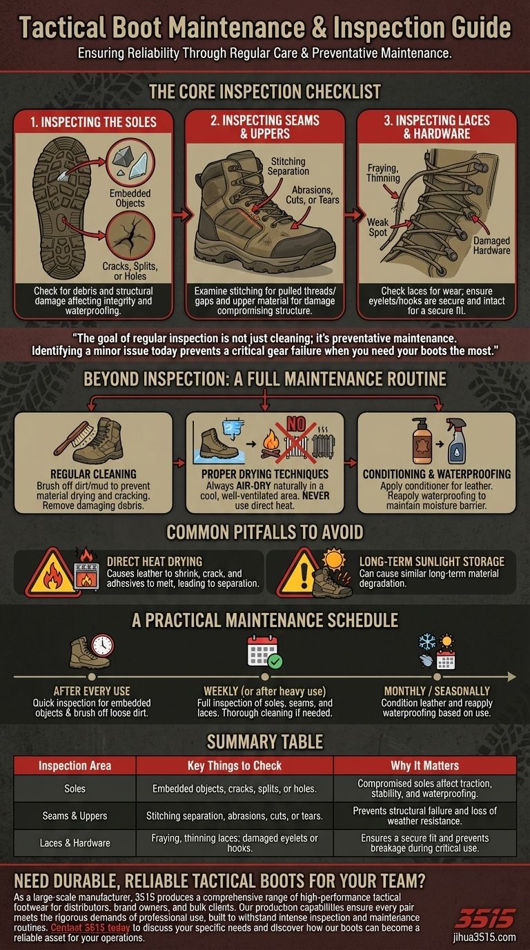 ¿Qué debes inspeccionar al mantener tus botas tácticas? Una lista de verificación de 3 puntos para la fiabilidad Guía Visual