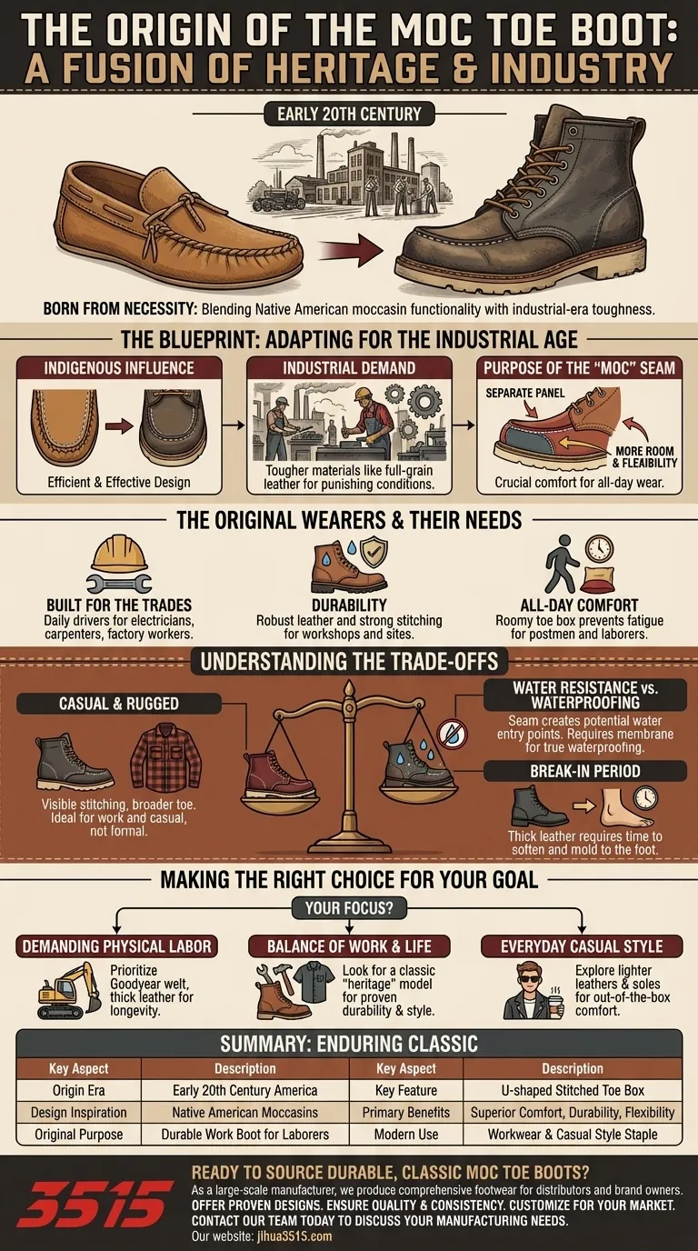 モックトゥブーツはどのようにして生まれたのか？ワークウェアの耐久性とスタイルの遺産 ビジュアルガイド