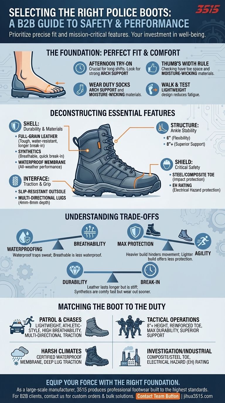 Qual è il consiglio generale per scegliere gli stivali da polizia giusti? Dare priorità a vestibilità, durata e sicurezza Guida Visiva