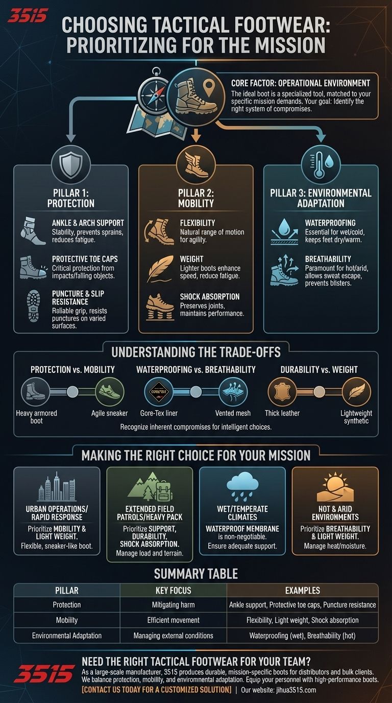 ما هي العوامل التي يجب إعطاؤها الأولوية عند اختيار الأحذية التكتيكية؟ طابق مهمتك لتحقيق الأداء الأمثل دليل مرئي