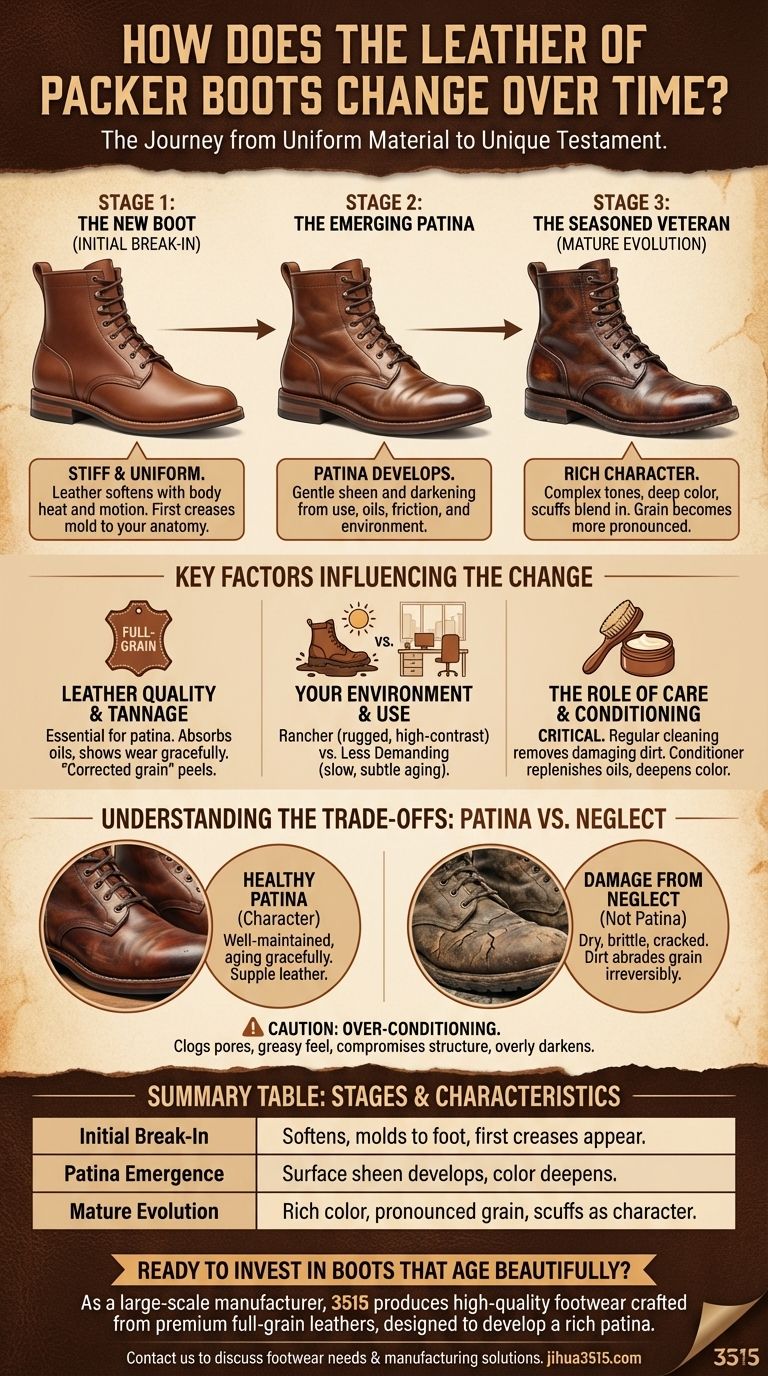 Comment le cuir des bottes de packer évolue-t-il avec le temps ? Un guide pour développer une patine riche Guide Visuel