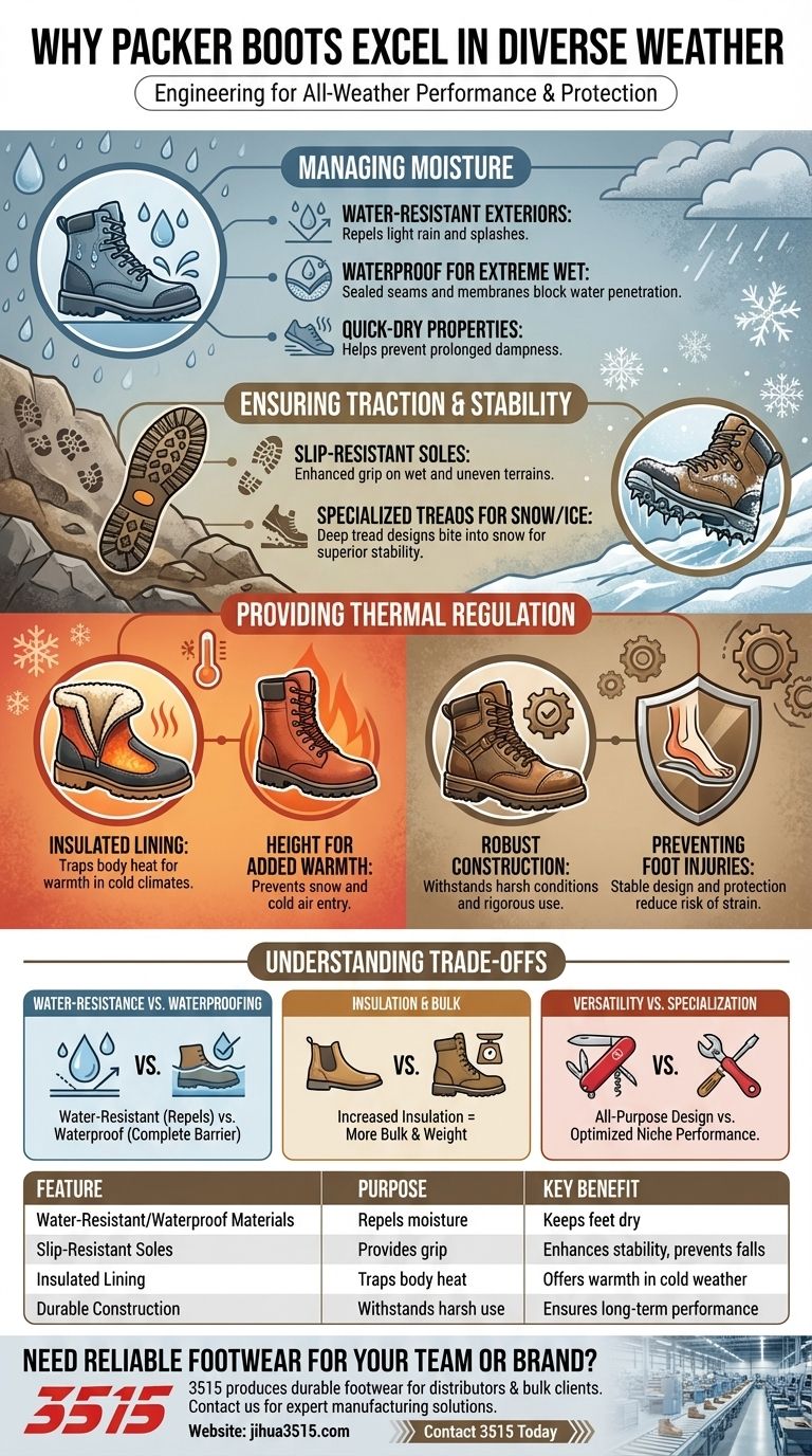 Quelles caractéristiques rendent les bottes packer adaptées à diverses conditions météorologiques ? Conçues pour des pieds secs, une adhérence sûre et de la chaleur. Guide Visuel