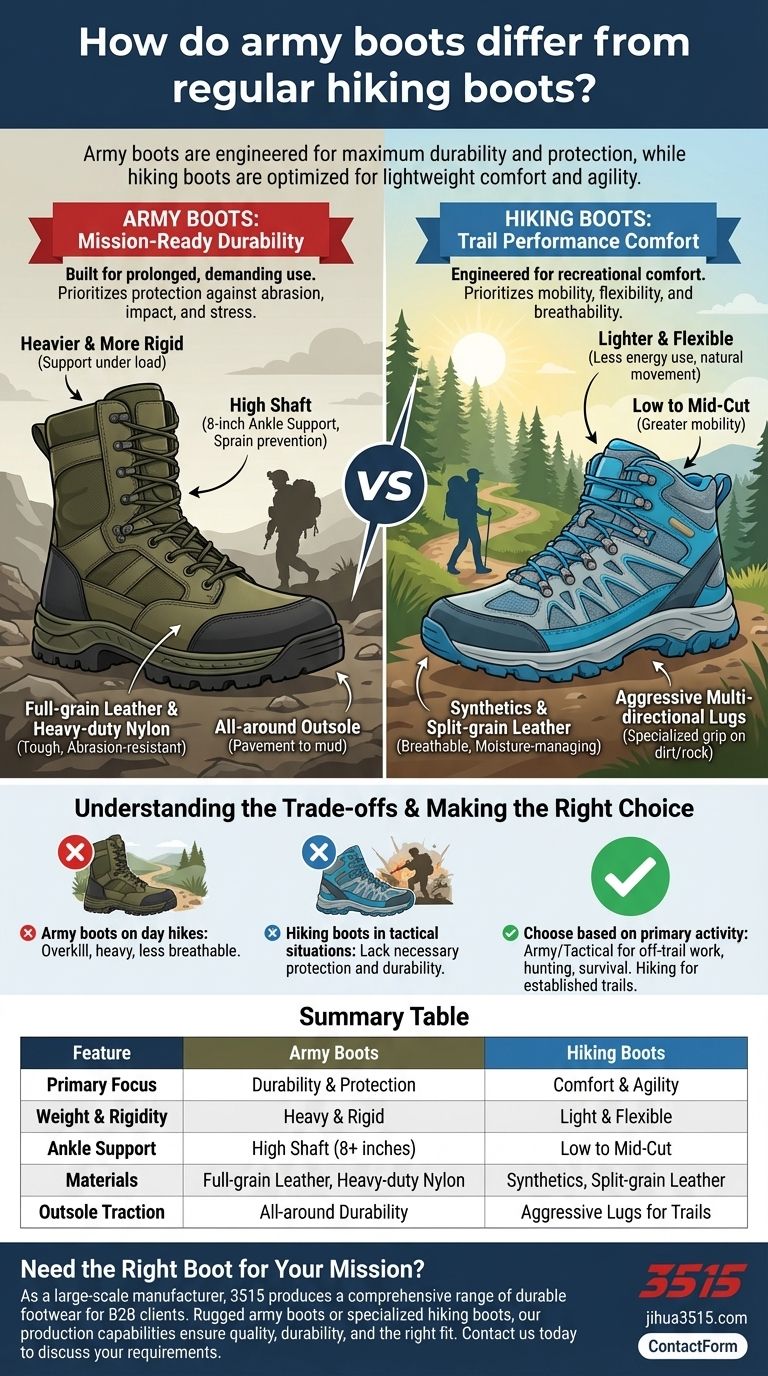 كيف تختلف أحذية الجيش عن أحذية المشي لمسافات طويلة العادية؟ المتانة مقابل الراحة مشروحة دليل مرئي