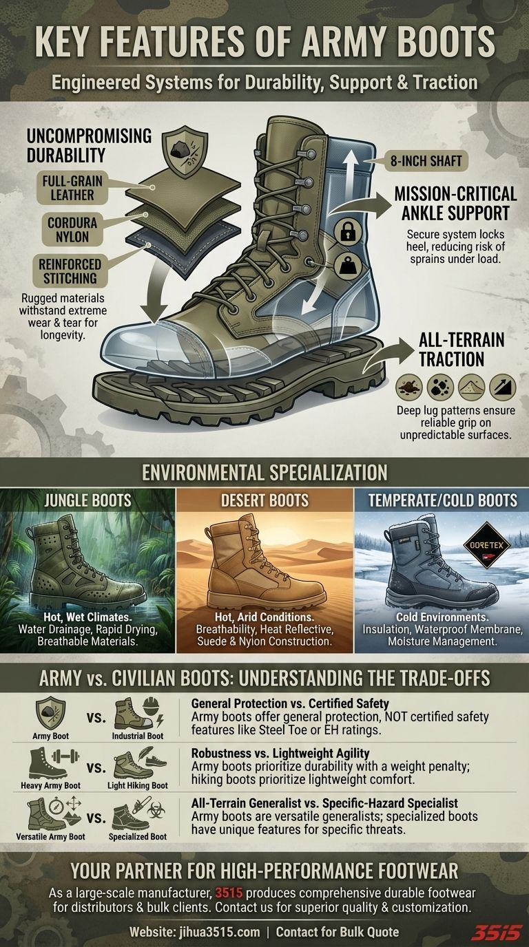 Was sind die Hauptmerkmale von Armeestiefeln? Haltbarkeit, Unterstützung & Geländetraktion erklärt Visuelle Anleitung