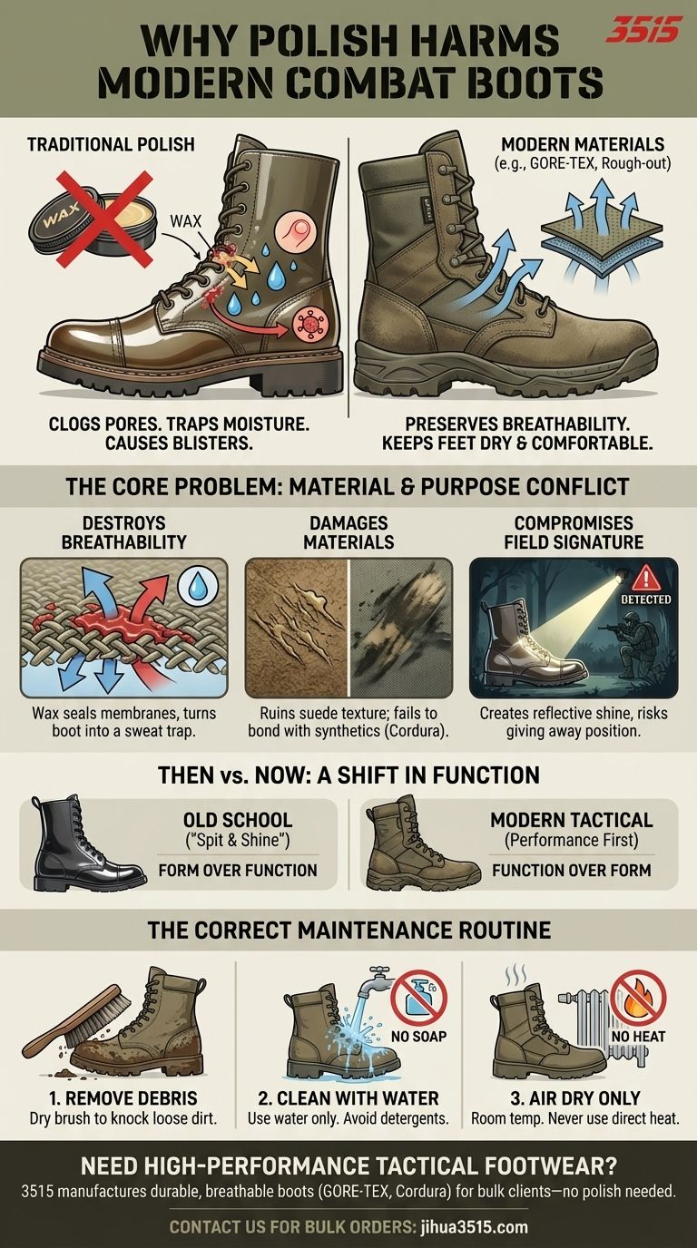 Warum sollte Schuhcreme nicht auf Kampfstiefel aufgetragen werden? Sie beeinträchtigt die Atmungsaktivität und Leistung Visuelle Anleitung
