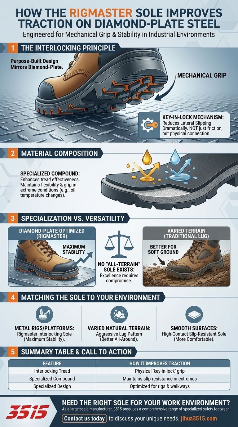Как конструкция подошвы ботинок Rigmaster улучшает сцепление? Мастерские алмазные поверхности Визуальное руководство