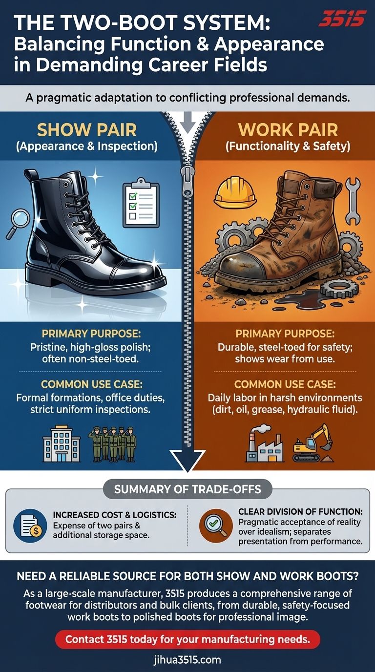 ما هي الممارسة الشائعة فيما يتعلق بصيانة الأحذية في مجالات مهنية معينة؟ نظام عملي بحذاءين دليل مرئي