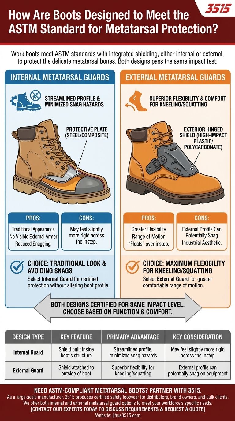 How are boots designed to meet the ASTM standard for metatarsal protection? Internal vs. External Guard Comparison Visual Guide