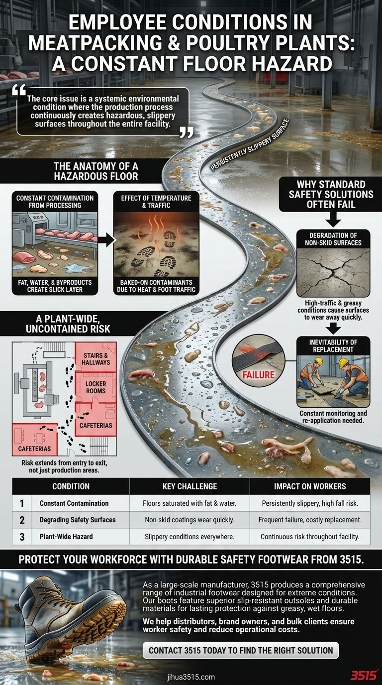 ما هي الظروف التي يواجهها الموظفون في مصانع تعبئة اللحوم ومسالخ الدواجن؟ التنقل في مخاطر الانزلاق المنتشرة دليل مرئي