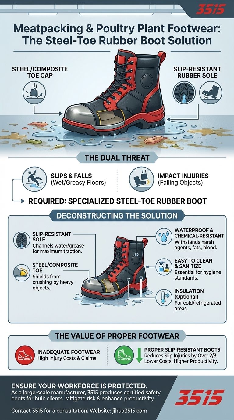 Quel type de chaussures est requis dans les abattoirs et les installations de volaille en raison des conditions glissantes ? Bottes de sécurité essentielles pour les sols glissants Guide Visuel