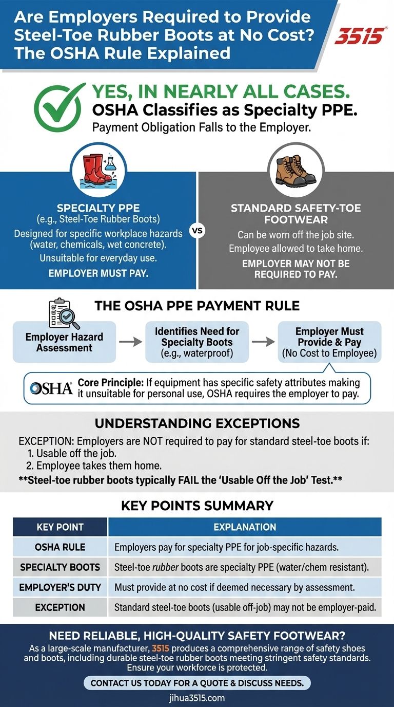 I datori di lavoro sono tenuti a fornire stivali di gomma con punta in acciaio a costo zero per i dipendenti? Sì, secondo le norme OSHA. Guida Visiva