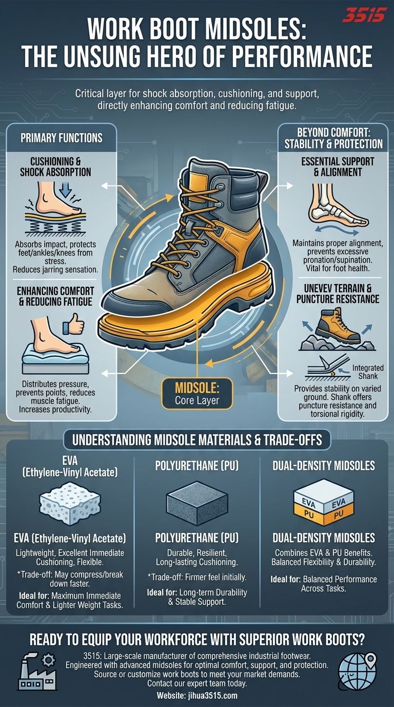 ワークブーツのミッドソールの目的は何ですか？快適性、安全性、耐久性を向上させる ビジュアルガイド