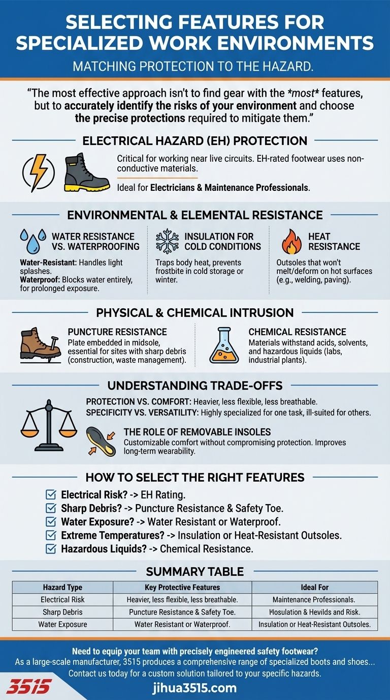 What features should be considered for specialized work environments? Match Protection to Your Hazards Visual Guide