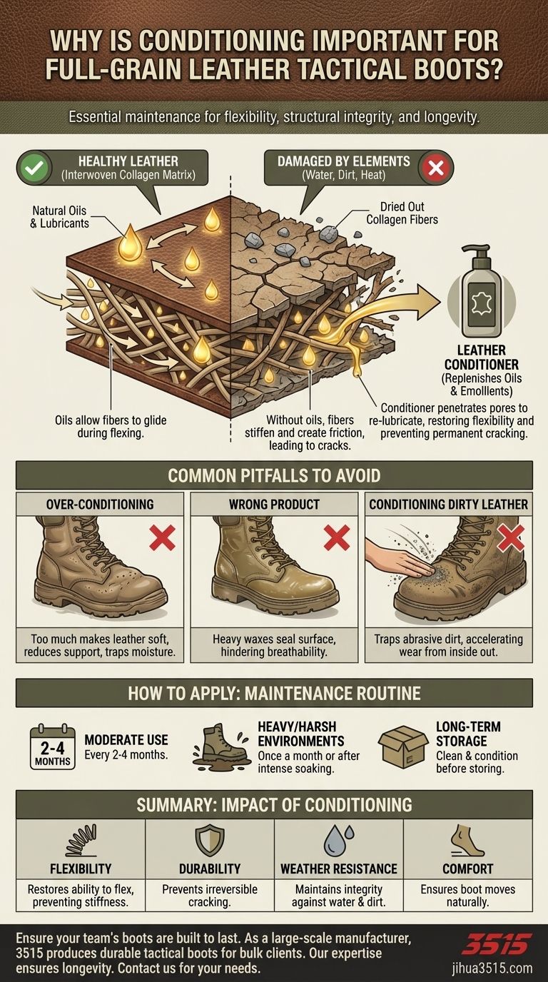 ¿Por qué es importante el acondicionamiento para las botas tácticas de cuero de grano completo? Previene el agrietamiento y asegura la longevidad Guía Visual