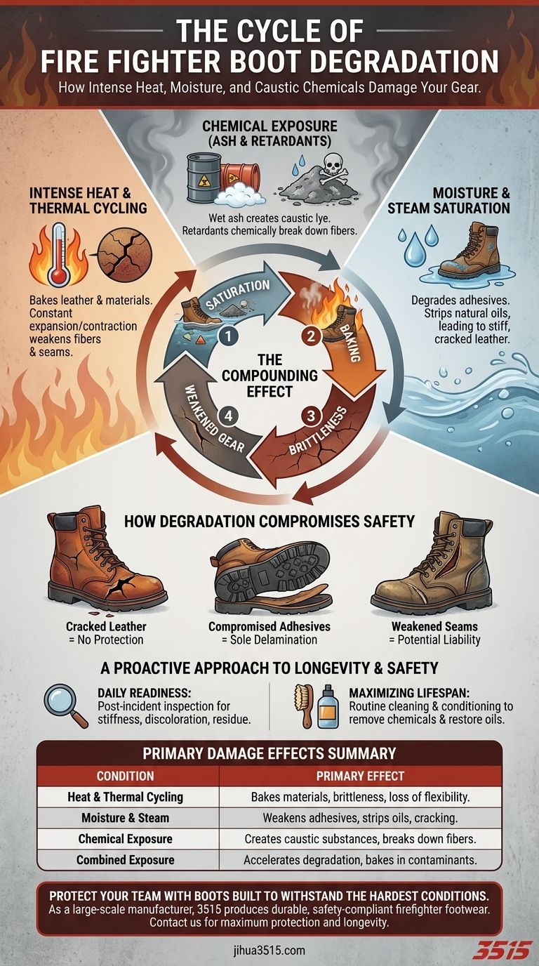 Quelles conditions environnementales endommagent les bottes de pompiers ? Le cycle caché de la chaleur, de l'eau et des produits chimiques Guide Visuel