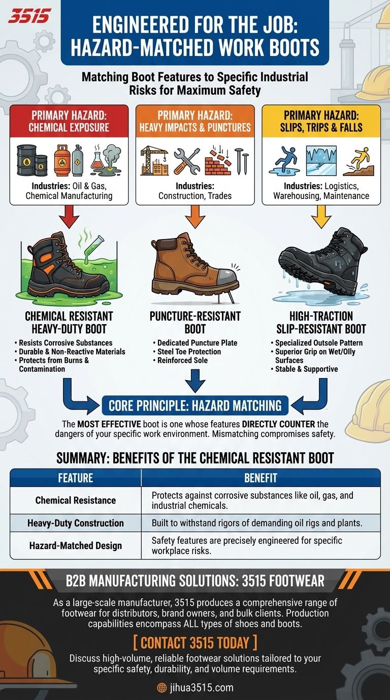 이 부츠는 어떤 산업 분야를 위해 설계되었나요? 석유 및 가스, 화학 제조에 이상적입니다. 시각적 가이드