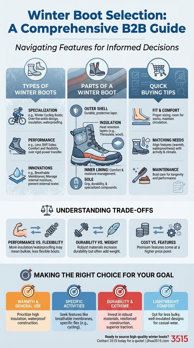 冬用ブーツに関する記事では、主にどのようなセクションが扱われていますか？「種類、パーツ＆購入のヒントガイド」 ビジュアルガイド