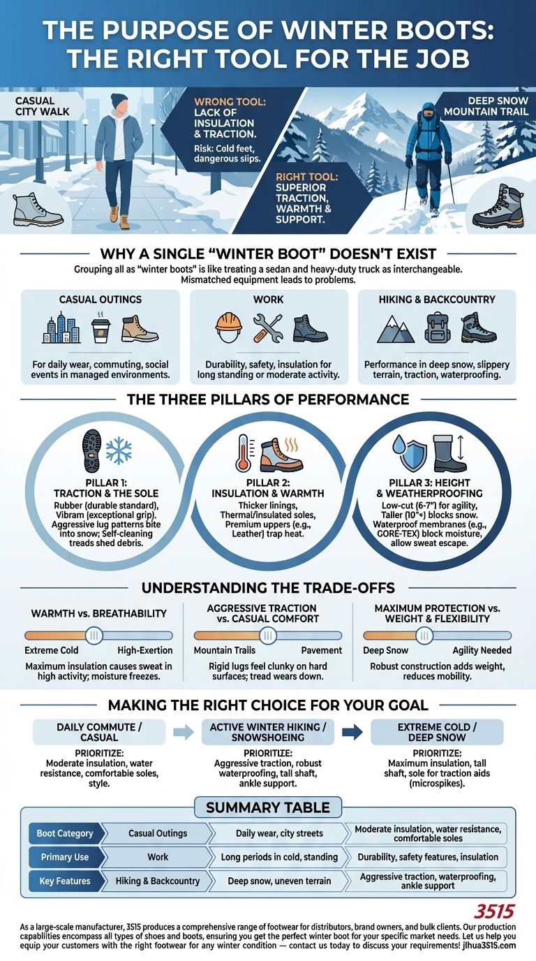 다양한 종류의 겨울 부츠에 대해 논의하는 목적은 무엇인가요? 안전과 편안함을 위해 활동에 맞추세요. 시각적 가이드