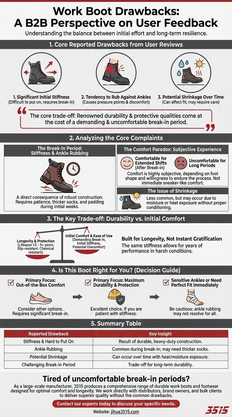 What are some reported drawbacks of this work boot from user reviews? Understand the Break-in Challenges Visual Guide