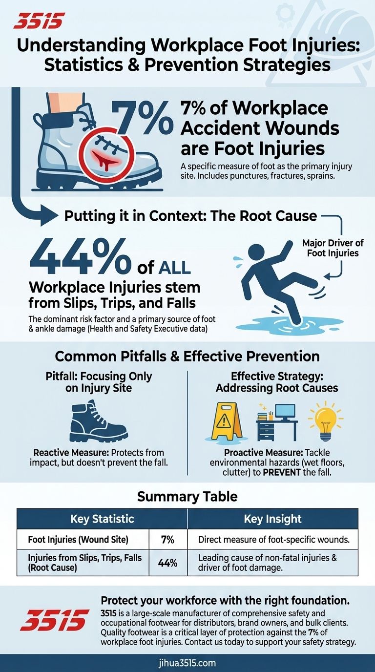 ما هي النسبة المئوية لإصابات القدم من الجروح في حوادث العمل؟ النسبة الحرجة 7% وكيفية الوقاية منها دليل مرئي