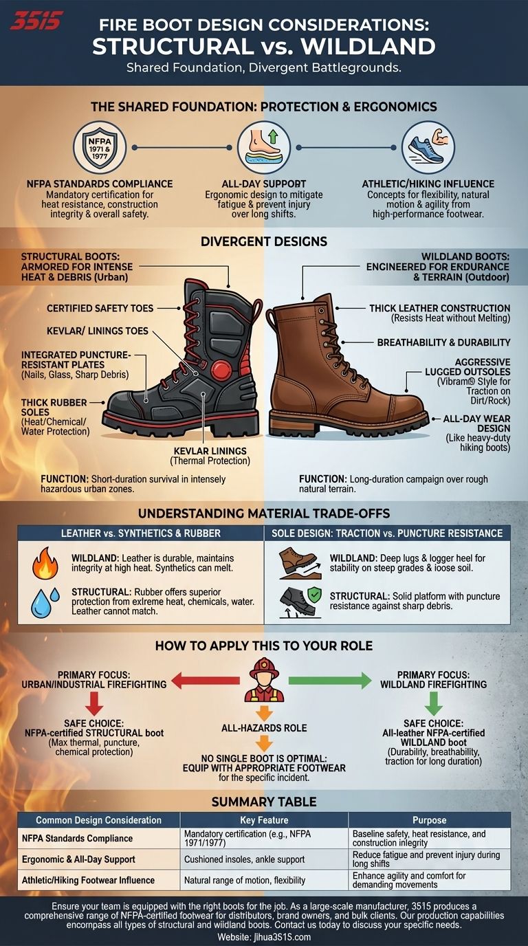 ¿Qué consideraciones de diseño son comunes tanto para las botas de lucha contra incendios estructurales como para las de incendios forestales? Seguridad, Ergonomía y Normativas Guía Visual