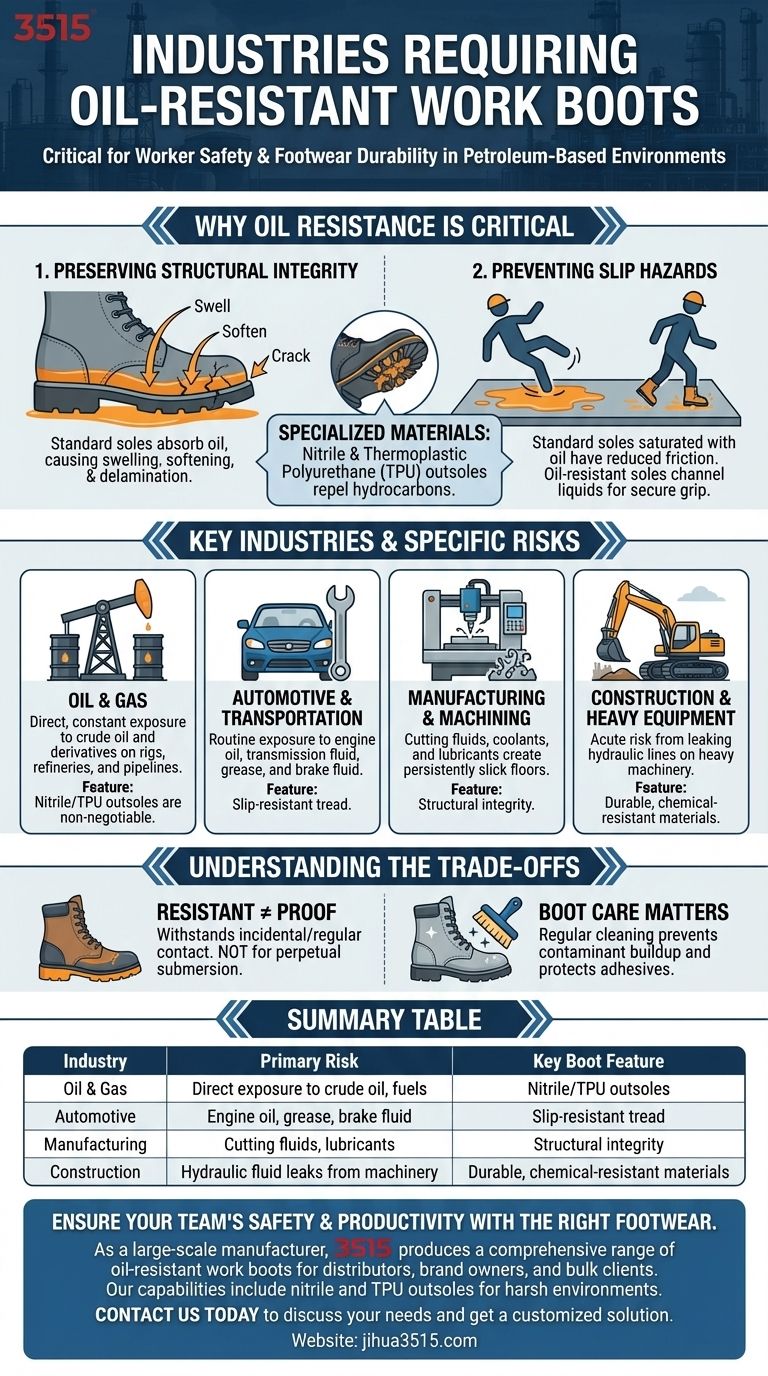 ما هي الصناعات التي تتطلب أحذية عمل مقاومة للزيوت؟ احمِ قوتك العاملة في البيئات الخطرة دليل مرئي