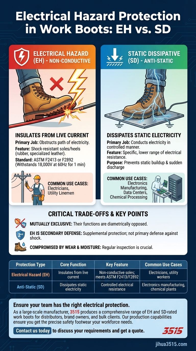 ما هي أنواع الحماية من المخاطر الكهربائية المتوفرة في أحذية العمل؟ شرح مفصل للحماية الكهربائية (EH) مقابل الحماية من التفريغ الكهروستاتيكي (SD) دليل مرئي