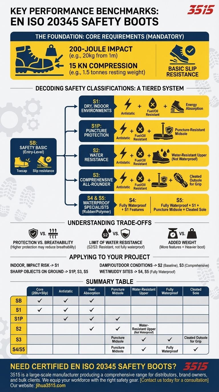 Quelles sont les références clés de performance définies par la norme EN ISO 20345 pour les chaussures de sécurité ? Un guide pour choisir la bonne protection Guide Visuel