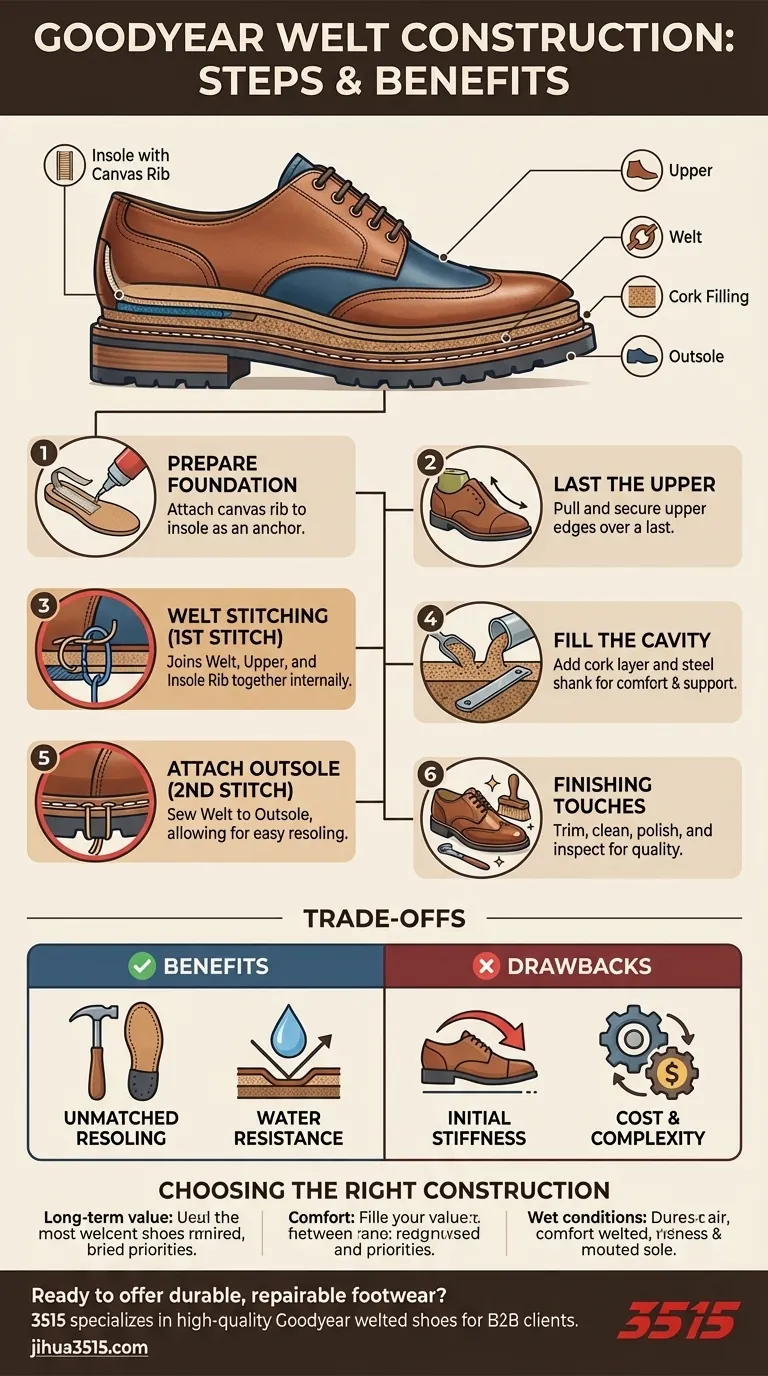 Quelles sont les étapes de la construction Goodyear welt ? Un guide des chaussures durables et réparables Guide Visuel