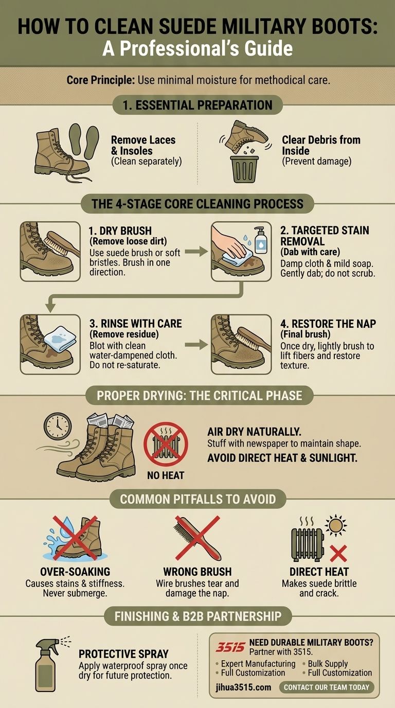 ما هي خطوات تنظيف أحذية المشاة العسكرية المصنوعة من جلد الغزال؟ دليل كامل للعناية اللطيفة والفعالة دليل مرئي